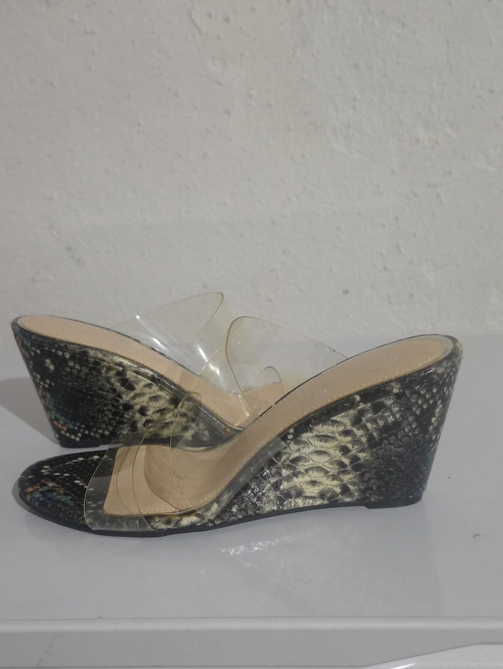 Jessica Simpson Clear Strap Snake-Print Wedge Sandals - Black/Beige